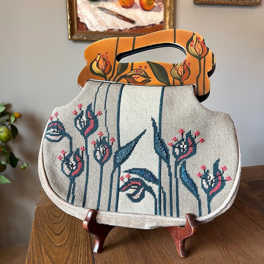 Vtg Patricia Smith Moon Bags Needlepoint Floral Bohemian‎ Art Beaded Leather
